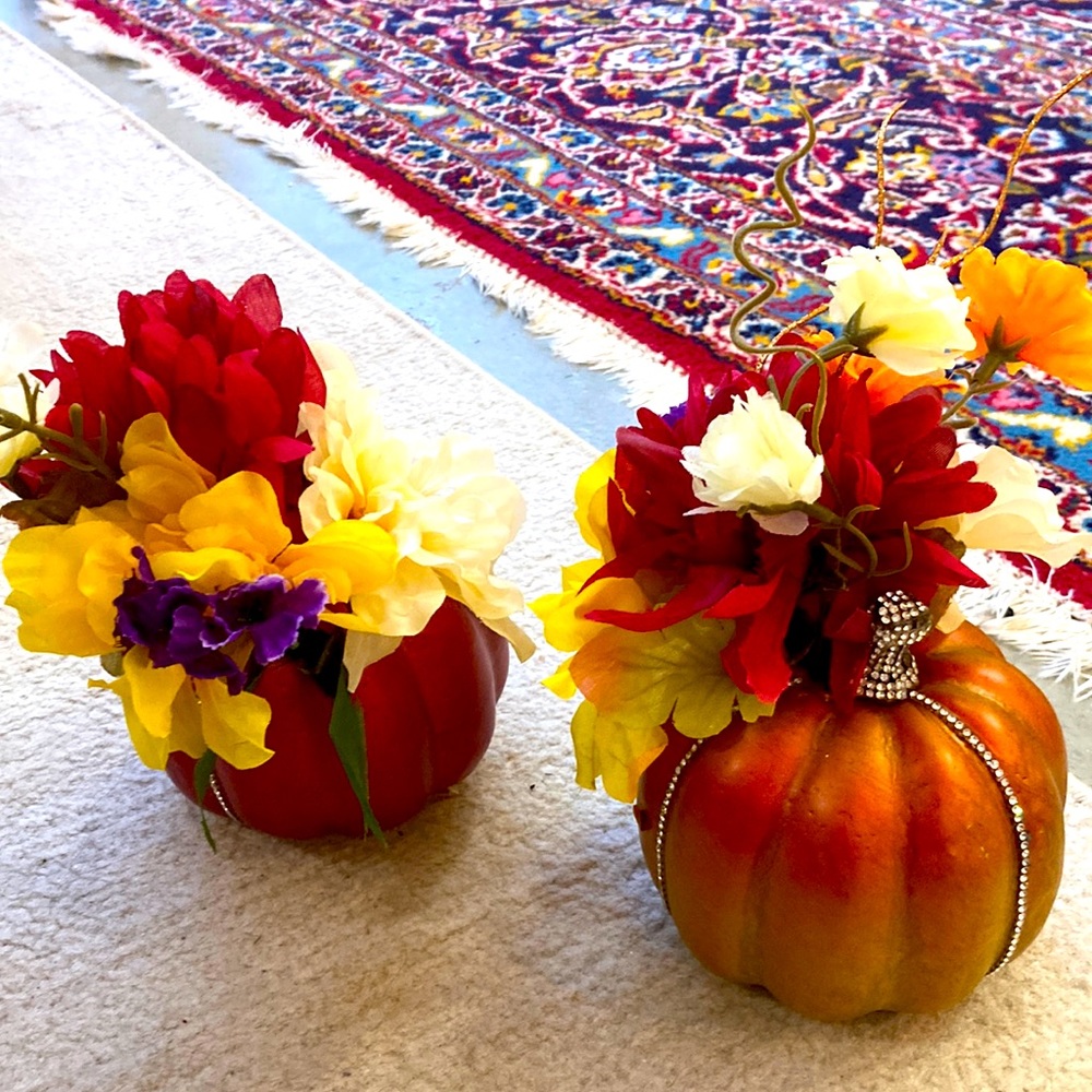Two jeweled pumpkin faux flower centerpieces. Used once